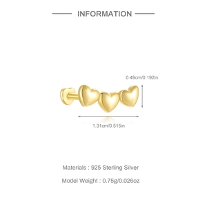 Macro detail of triple heart 925 silver stud earring with size and weight dimensions