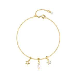 Bracelet en argent sterling S925 doré avec breloques étoile, perle et fleur en diamant