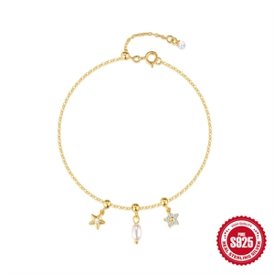 Bracelet Étoile de Mer Fleur en Argent Sterling 925 Pour Femmes Plaqué Or Zircone Imitation Perle Bijoux Fins Cadeau