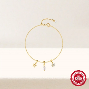 Bracelet en argent S925 doré avec perles, étoile de mer et pendentifs fleurs sertis