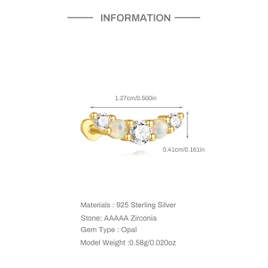 Detailed size specifications of curved 925 sterling silver opal and zirconia stud earring