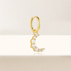 Detailed view of S925 silver moon earrings with glowing opal stones and gold plating