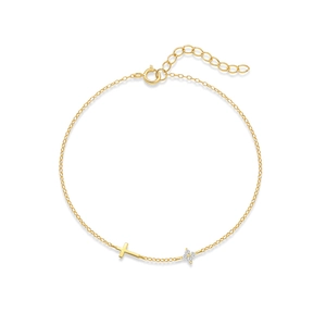 Eleganteres goldfarbenes S925-Silberarmband mit Kreuzanhänger und Zirkonia-Blumenanhänger