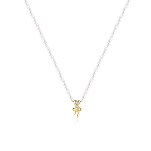 Elegante S925 Silber Perlenkette mit goldenem Schleifenanhänger und Diamantakzenten