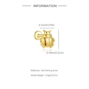 Detailed view of golden beetle stud earring with S925 sterling silver stamp and dimensions