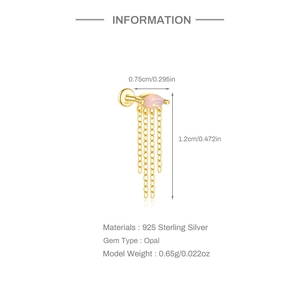 Detail view of S925 sterling silver earring with pink opal and tassel fringe