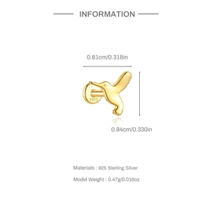 Detailed view of gold hummingbird S925 sterling silver stud earring dimensions and weight