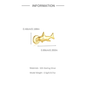 Detailed specs of shark stud earring in S925 silver with 0.89cm length and golden finish