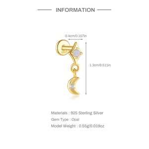 Detailed size specifications for the S925 sterling silver opal star and moon stud earring