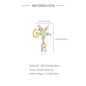 Detail showing S925 sterling silver stamp on golden five-petal zircon flower stud earring