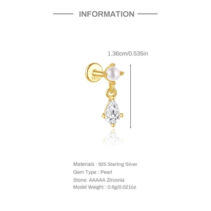 Detailed view of S925 sterling silver earring with white pearl and teardrop zirconia