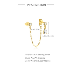 Macro view of S925 sterling silver earring chain with pear-shaped zirconia drop detail