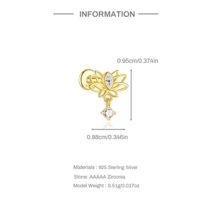 Macro view of lotus earring dimensions showing 925 silver and zirconia details