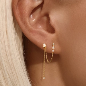 Detail of s925 silver gold double-stud chain earrings with zircon tassels on model