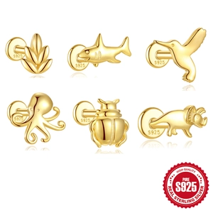 S925 Sterling Silver Gold Plated Mini Animal Stud Earrings Shark Octopus Hummingbird Leaf Triceratops Cartilage Jewelry