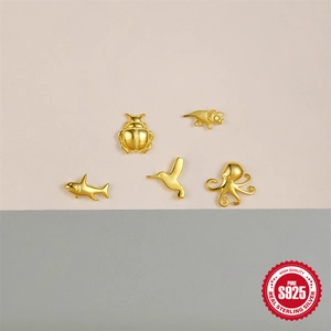 S925 Sterling Silver Gold Animal Stud Earrings Set with Shark Beetle and Dinosaur