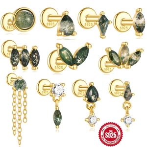 925 Sterling Silber Vergoldet Natürlicher Moosachat Zirkonia Flat Back Ohrstecker Botanisch Knorpel Piercing Schmuck Für Damen