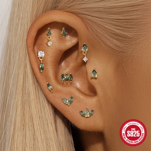 S925 Sterling Silber Ohrstecker Set mit grünem Moosachat in Tropfen- und Marquiseschliff