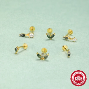 S925 Sterling Silber Gold Labret Stecker mit Moosachat und Zirkonia Steinen im grünen Set