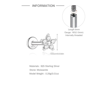 Detail von Moissanit-Blumenohrstecker aus 925er Silber mit Innengewinde-Design