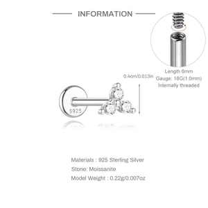 Detailansicht des S925 Silber Moissanit Piercings mit 18G 6mm Abmessungen