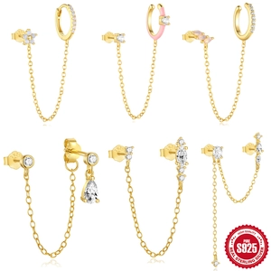 S925 Sterling Silver Linked Chain Earring For Women Gold Plated Zirconia Water Drop Flower Enamel Ear Cuff Stud Earrings Jewelry