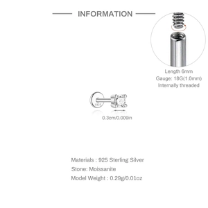 Detailansicht des 18G S925 Silber-Piercings mit Moissanit und Innengewinde für Knorpel