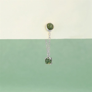 Macro detail of S925 sterling silver chain earrings with green moss agate gemstones