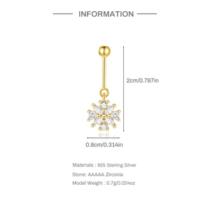 Details over de maat en het materiaal van de 925 sterling zilveren sneeuwvlok navelring