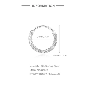 Detailed size chart of 925 sterling silver moissanite nose ring with 0.8cm inner diameter