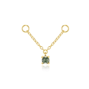 Close-up of gold chain earring charm featuring a 4-prong set green moss agate gemstone