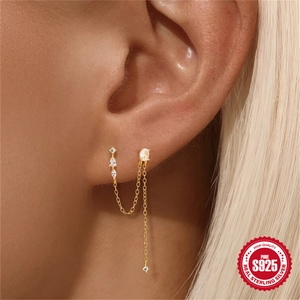 Elegant gold S925 sterling silver chain earrings with marquise zirconia crystals for women