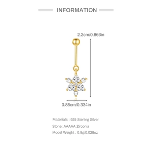Gedetailleerde afmetingen van de sneeuwvlok navelpiercing van 925 sterling zilver