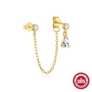 Elegant 18K gold plated S925 sterling silver chain link earrings with pear drop zircon