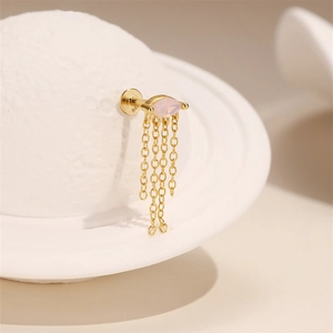 Detail of S925 silver gold stud with pink marquise opal and four dangling chains
