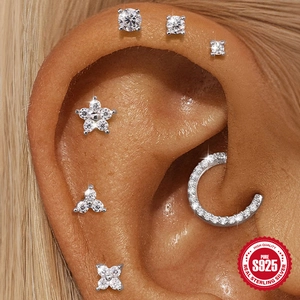 Eleganter S925 Sterling Silber Piercing Set mit Moissanit Steckern und einem C-Creole
