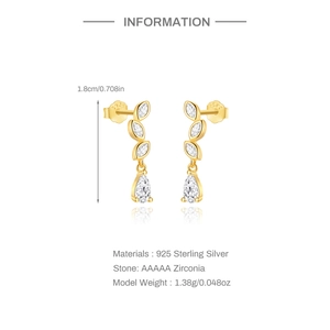 Detail of S925 sterling silver leaf earrings with zirconia drop and size measurement