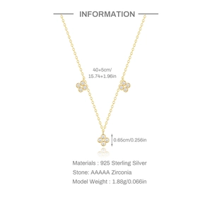 Macro detail of S925 silver clover pendant with AAAAA zirconia and size specifications
