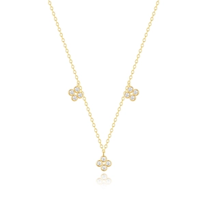S925 sterling silver gold clover necklace with sparkling cubic zirconia flower pendants