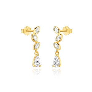 Macro shot of S925 sterling silver stamp on 18K gold earrings with marquise crystals