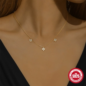 Elegant gold S925 sterling silver necklace with sparkling clover zircon flower charms