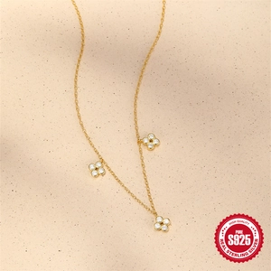 S925 Sterling Silver Gold Necklace with Three Sparkling Zircon Clover Pendants