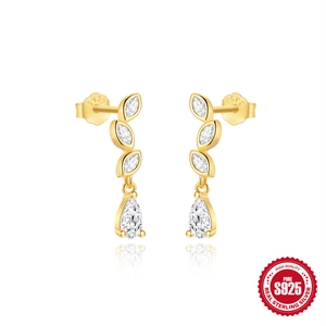 Gold S925 sterling silver leaf earrings with marquise and pear cut zircon stones