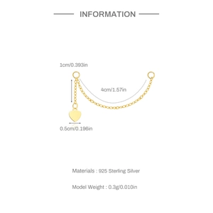 Detailed view of S925 sterling silver heart charm with chain dimensions for earrings