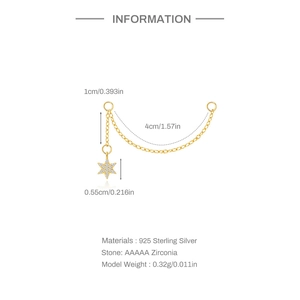 Detailed spec view of a gold 925 silver star earring with AAAAA zirconias and chain