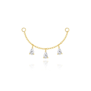 Detailed view of gold chain with three pear-cut cubic zirconia drop pendants and mirror reflection
