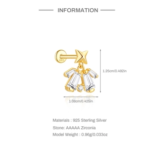 Makro-Detail des S925 Silber Stern-Ohrrings mit Baguette-Zirkonia und Abmessungen