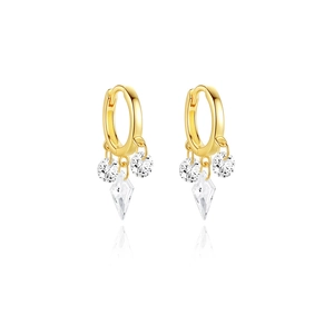 Elegant gold S925 silver hoop earrings with sparkling rhombus and round cubic zirconia charms