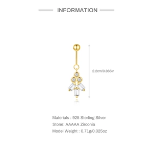 Detail van S925 zilveren navelpiercing met zirconia en afmetingen van het product
