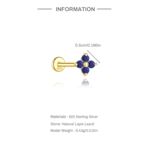 Detail of s925 silver flower stud earring with natural lapis lazuli and gold plating